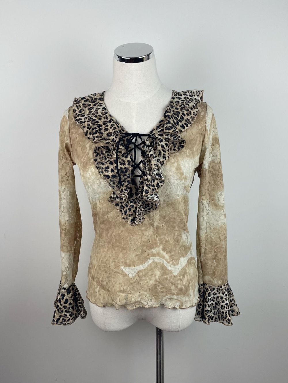 Papillon Blanc Tan Cream Black Leopard Animal Print Ruffle Blouse Top Small